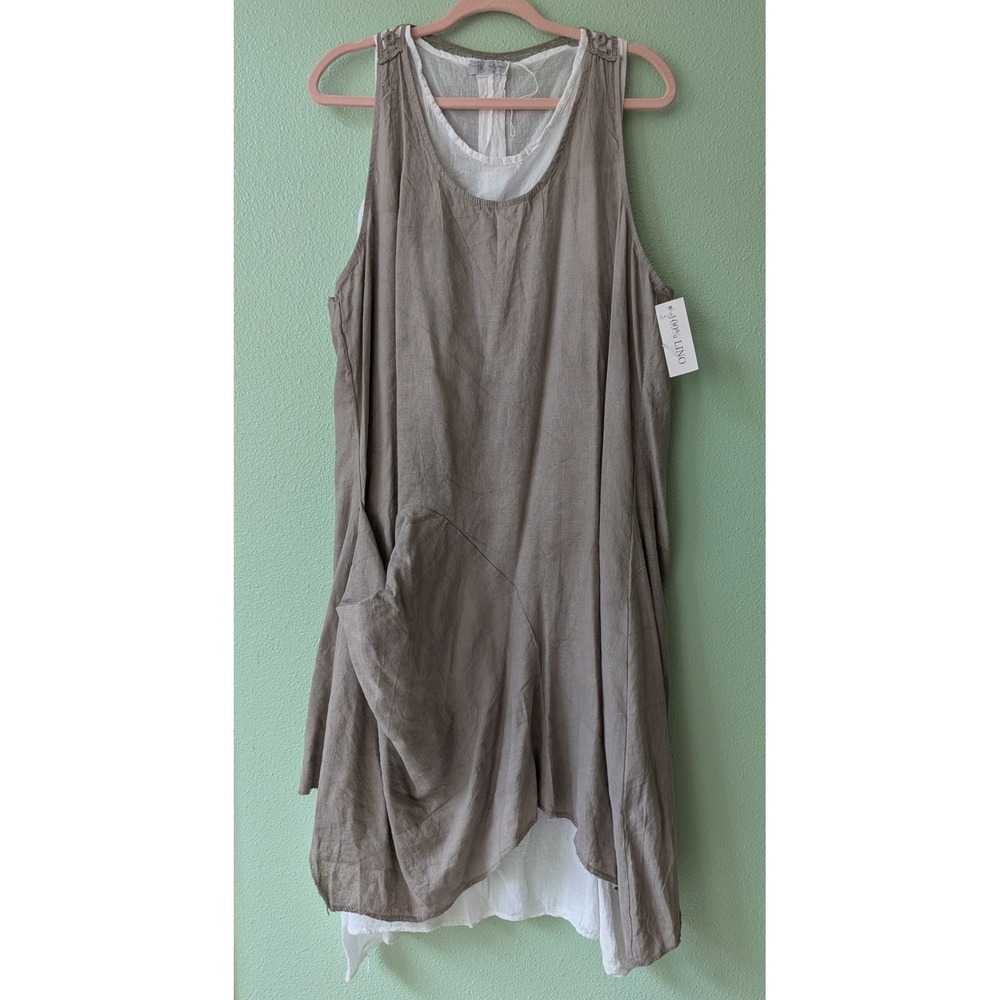 NWT 100% Linen Layered Boho Lagenlook Dress Crochet Back Tan Beige Made in Italy